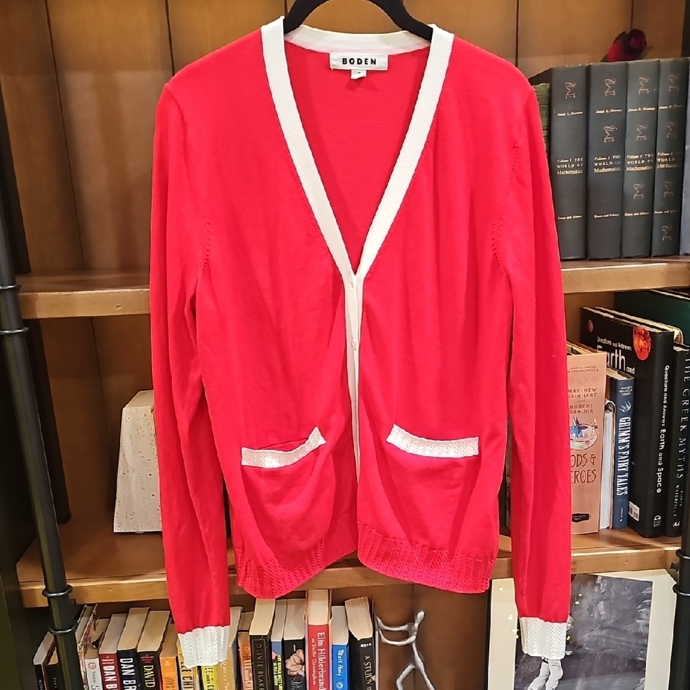 Boden Women's Vibrant Red Cardigan with White Trim